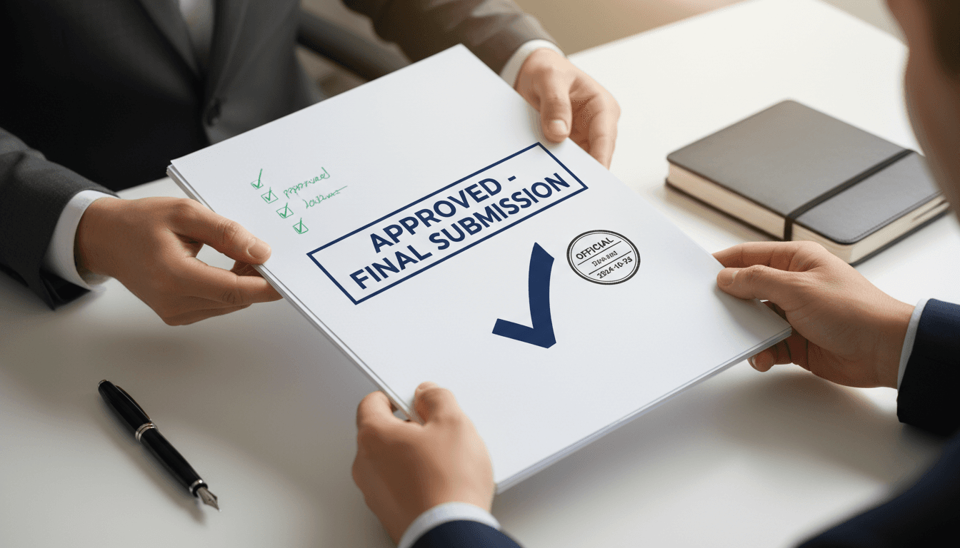 Completed tender documentation with approval stamps