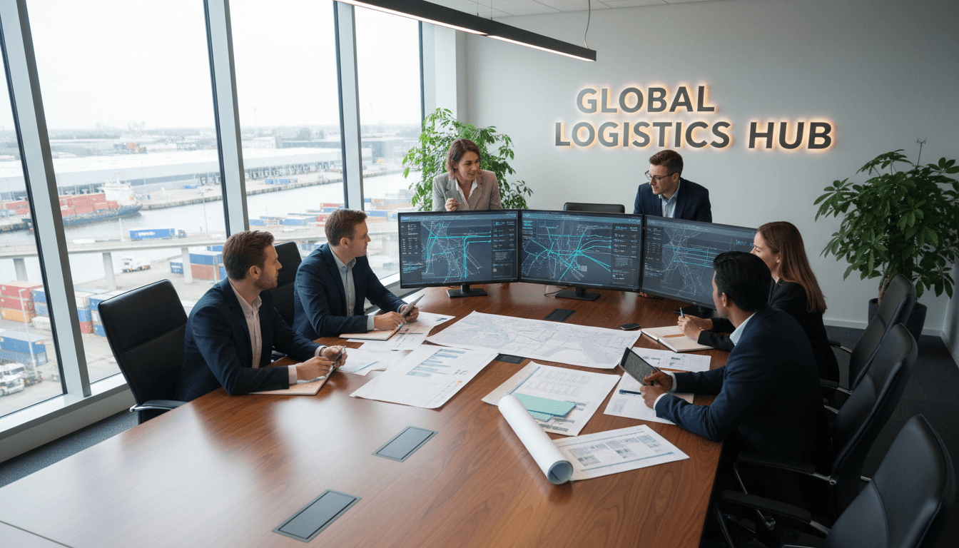 Professional logistics coordination team reviewing transport routes and planning documents in a modern Amsterdam office