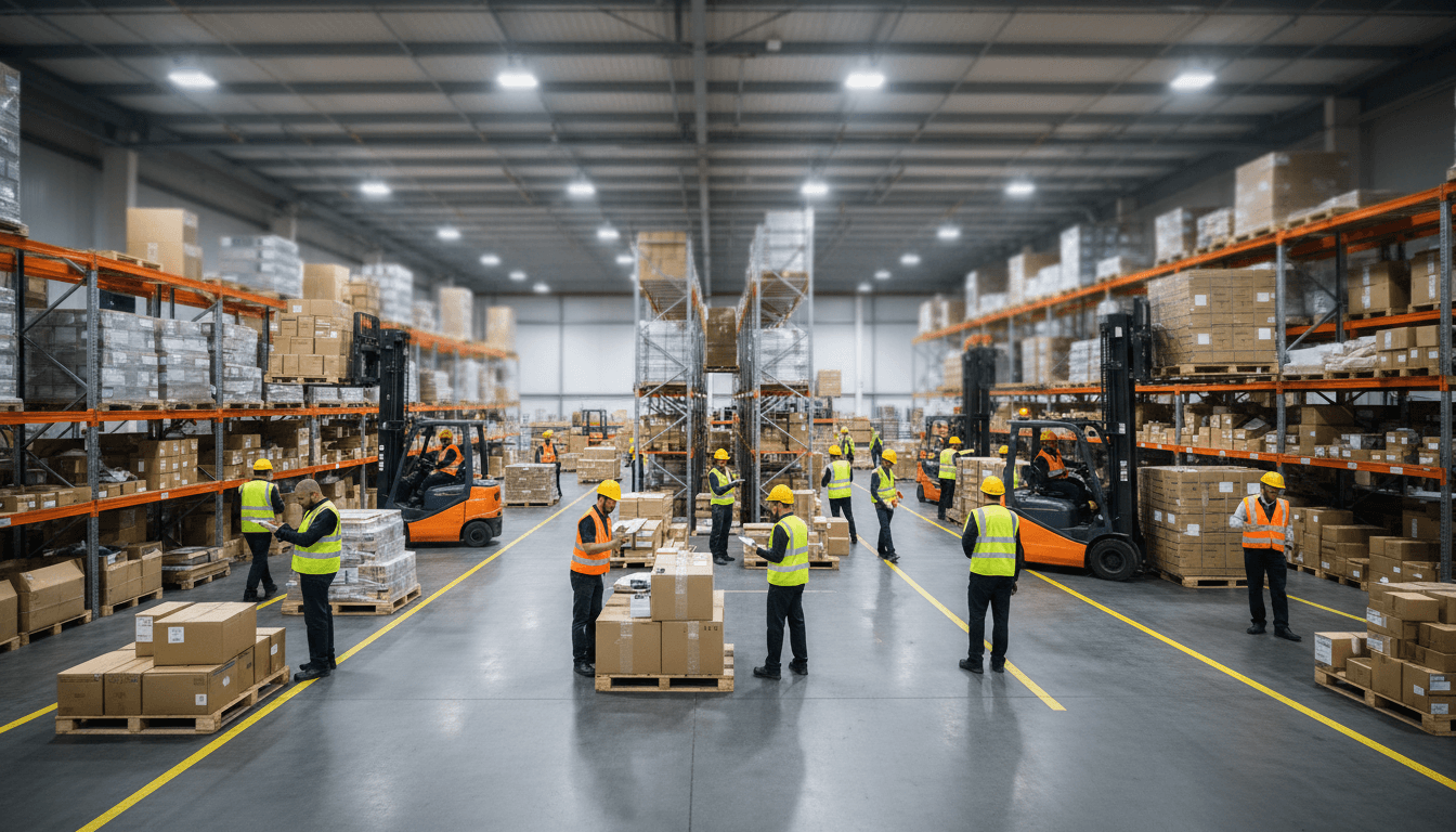 Warehouse workers coordinating logistics operations
