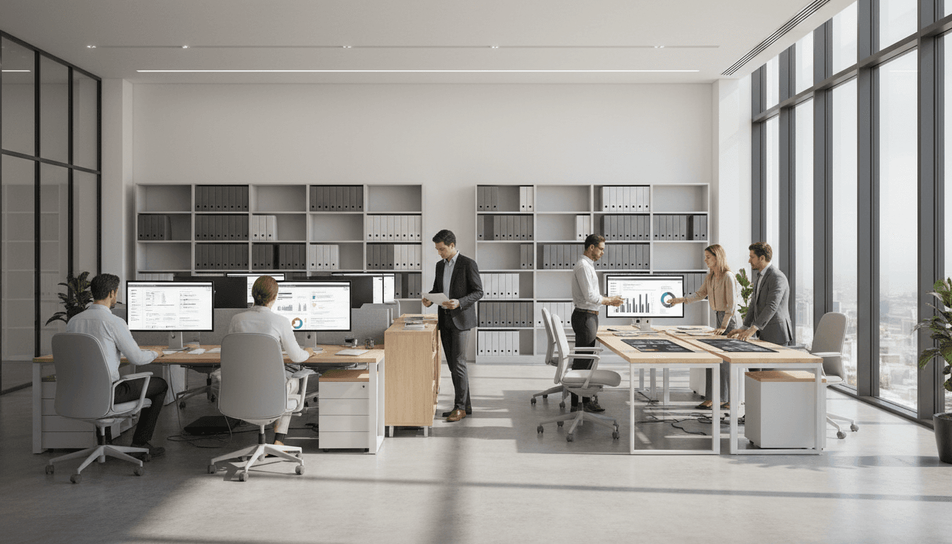 Logistics coordination office with team managing transport projects