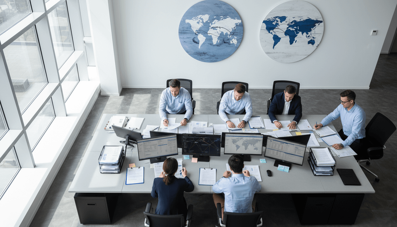 Professional logistics coordinator reviewing transport tenders and project documentation in Amsterdam office