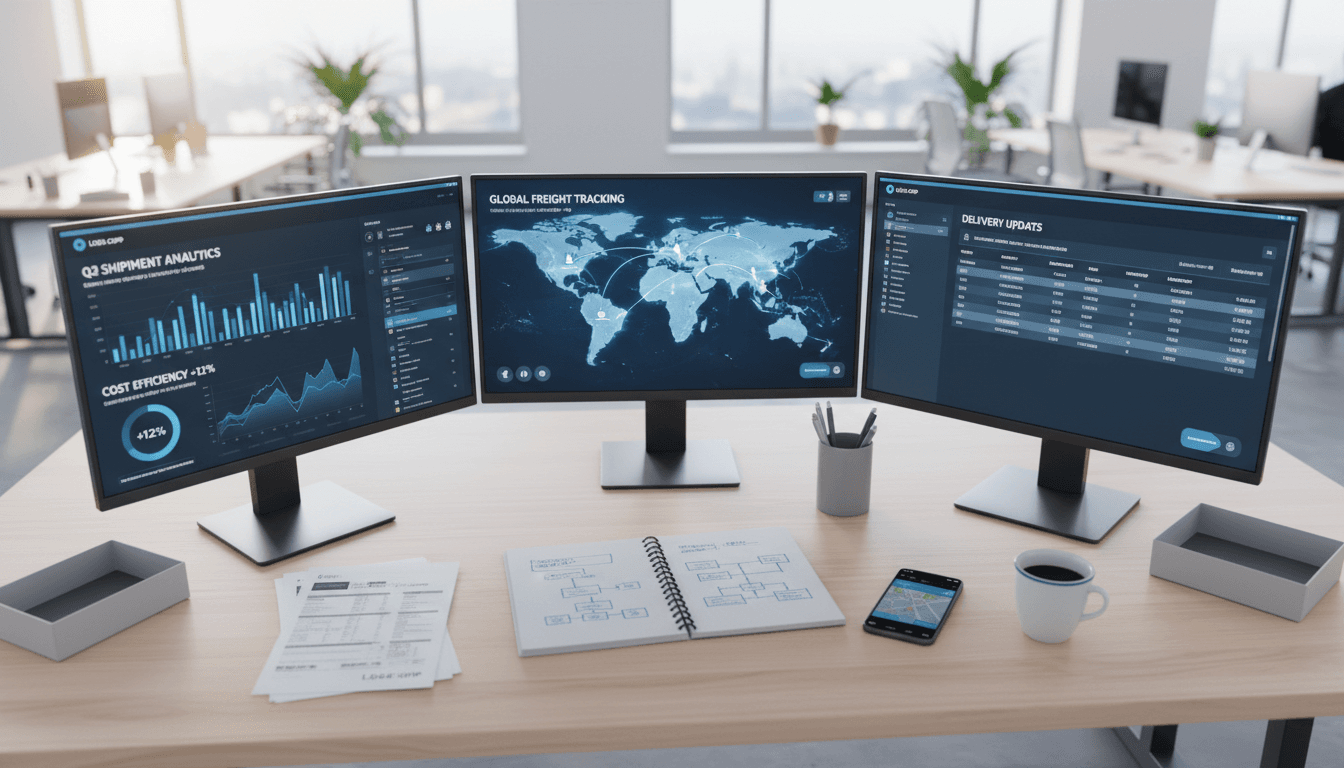 Logistics coordination team collaborating at workstations with route maps and tracking systems