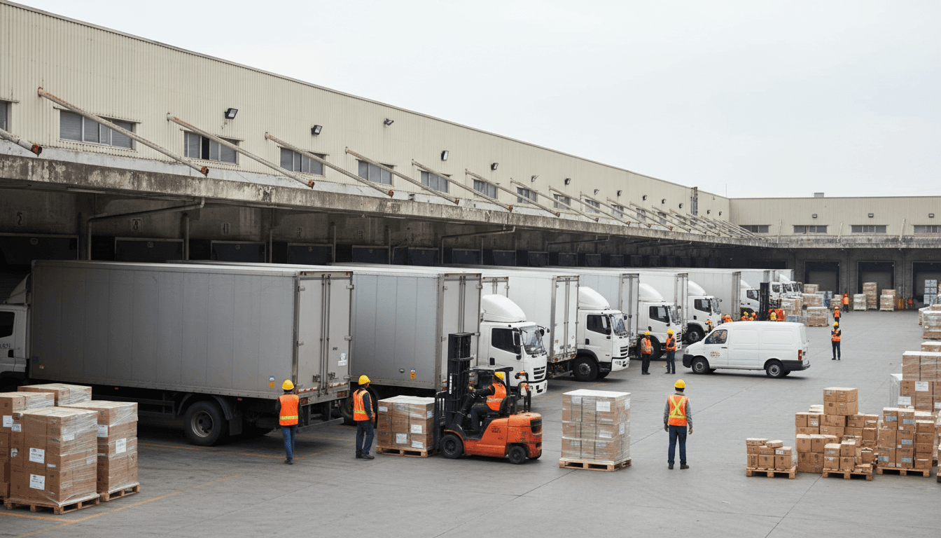 Busy logistics coordination hub with transport trucks, loading bays, and warehouse staff managing shipments efficiently